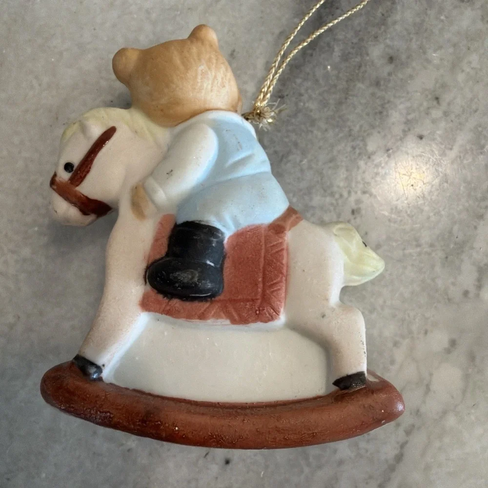 Porcelain Bisque Rocking Horse Teddy Bear Christmas Tree Ornaments Vintage GWB01